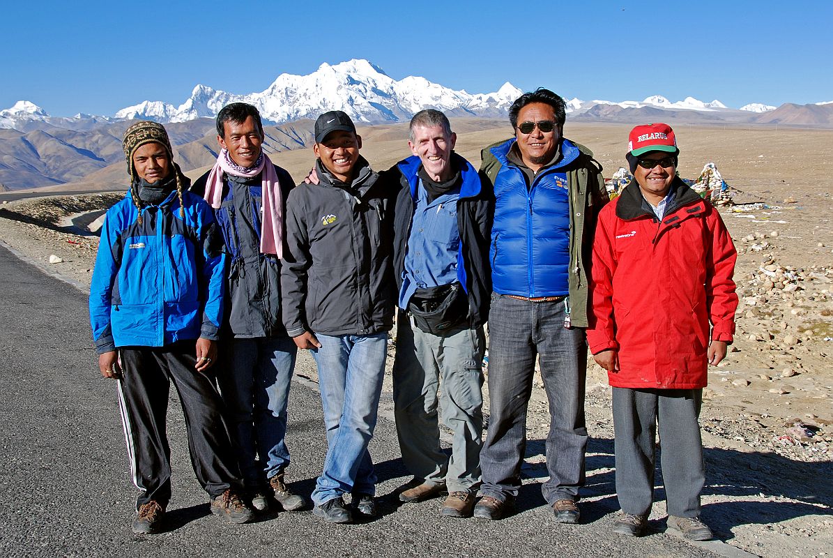 20 Pemba Rinjii, Pasang, Ngawang, Jerome Ryan, Pemba, Gyan Tamang On Tong La With Shishapangma Behind Here is my 2010 crew on the Tong La with Shishapangma behind: cook Pemba Rinjii, cooks helper Pasang, Tibetan guide Ngawang, Jerome Ryan, Tibetan driver Pemba, and Nepalese guide Gyan Tamang.